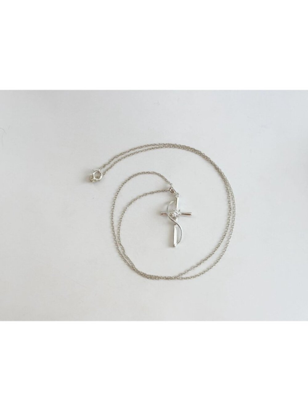 Modernist Cubic Zirconia Cross Sterling Silver 925 Vintage Pendant Necklace 16" - Picture 13 of 14